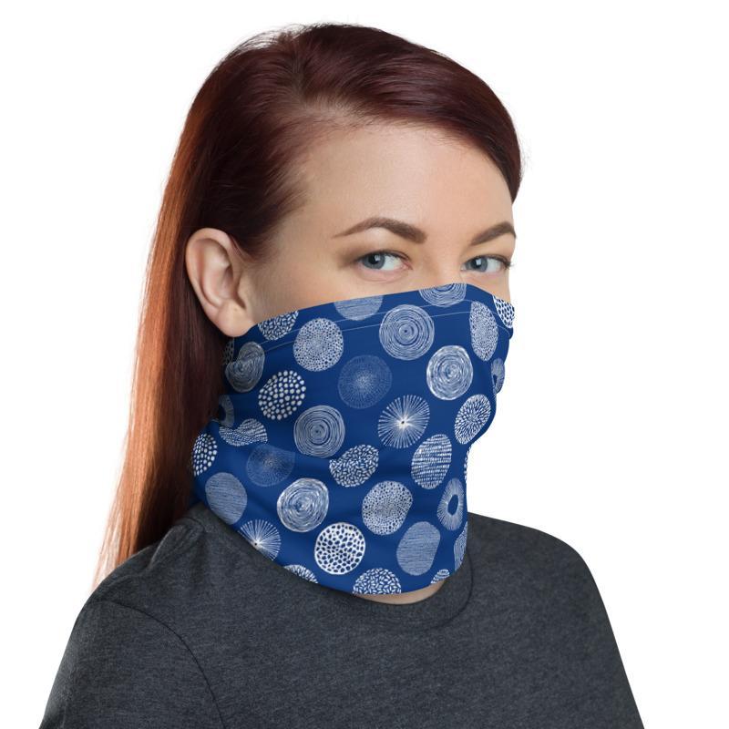 Fireworks design, white blue abstract circles, Neck gaiter face cover head wear headband wrist band wrap balaclava mask bandanna beanie hood