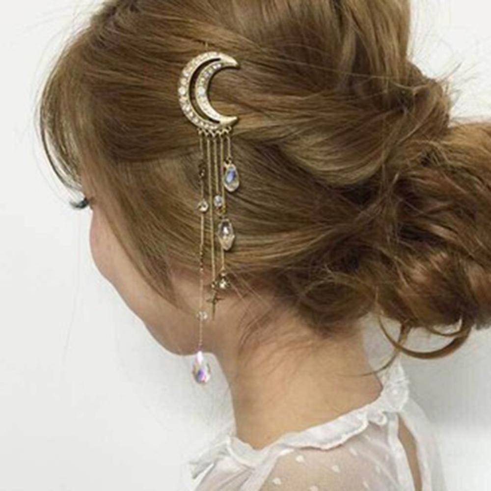 hair accessories Charming Fashion Moon Crystal Dangle Drop Tassel Hair Clip