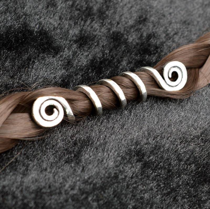 hair accessories Large Size, High Quality Long Viking Spiral Charms Beads for Hair Braids - Silver