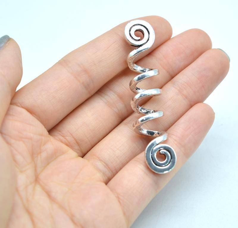 hair accessories Large Size, High Quality Long Viking Spiral Charms Beads for Hair Braids - Silver