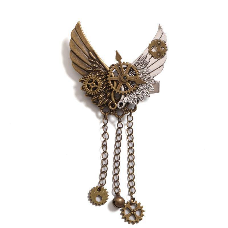 hair accessories Steampunk Gear Wings Hair Clip women pin Gothic in Gold brass antique color