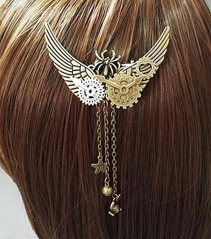 hair accessories Steampunk Gear Wings Hair Clip women pin Gothic in Gold brass antique color