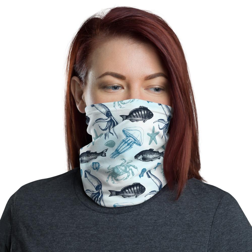 Tropical beach underwater art blue print pattern, fish shells crab starfish squid jellyfish shellfish Neck Gaiter tube scarf mask face cover - US Fast Shipping