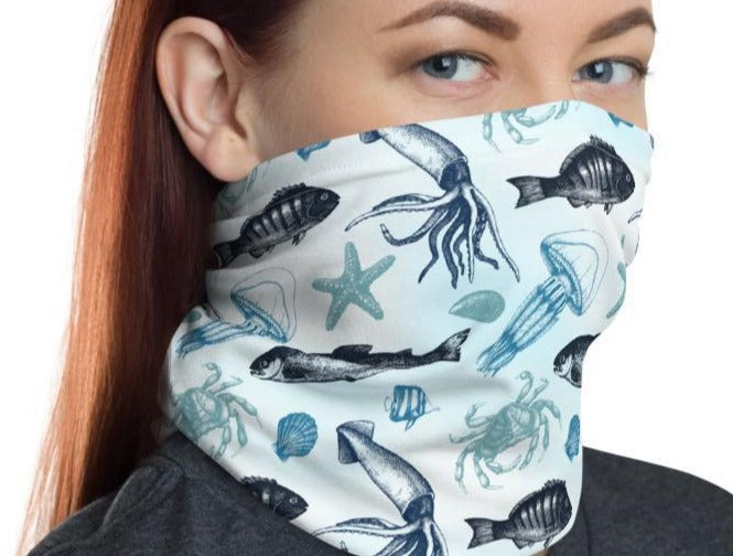 Tropical beach underwater art blue print pattern, fish shells crab starfish squid jellyfish shellfish Neck Gaiter tube scarf mask face cover - US Fast Shipping