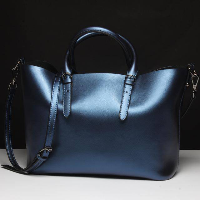 HandBags Blue Luxury Design Women's Genuine Leather Casual Tote Purse Fashion Shoulder Handbag Ladies Blue Large Capacity Shopping Bag Bolsos