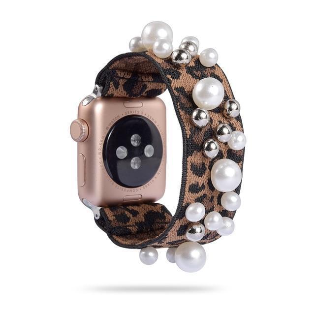 Home 1-Leopard/Pearl / 38mm or 40mm Ethnic boho Plaid style stripe Pearly beaded colorful women straps, Apple watch scrunchie elastic band, Series 5 4  scrunchy 38/40mm 42/44mm