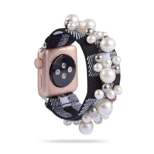 Home 2-White plaid/Pearl / 38mm or 40mm Ethnic boho Plaid style stripe Pearly beaded colorful women straps, Apple watch scrunchie elastic band, Series 5 4  scrunchy 38/40mm 42/44mm
