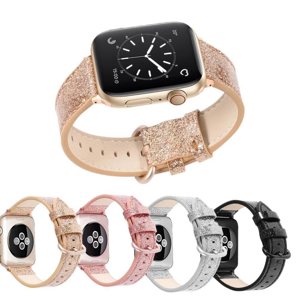 Home Bling Bling Shiny PU Leather Watch Band for Apple Watch 5 band 44mm 40mm 42mm 38mm strap for iWatch 4 3 2 1 Replacement bracelet