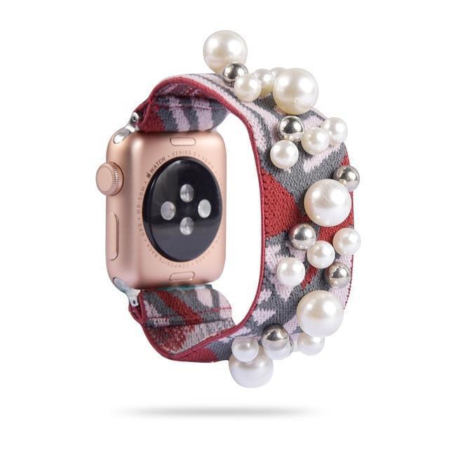 Home 5-Red Grey/Pearl / 38mm or 40mm Ethnic boho Plaid style stripe Pearly beaded colorful women straps, Apple watch scrunchie elastic band, Series 5 4  scrunchy 38/40mm 42/44mm