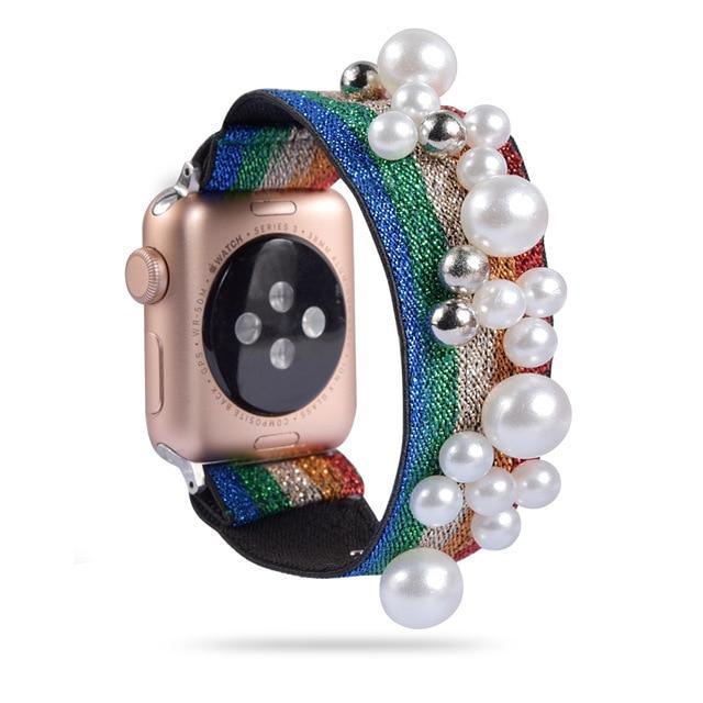 Home 6-Stripes/Pearl 2 / 38mm or 40mm Brown black spotted Leopard embellished 3d colorful women straps, Apple watch scrunchie elastic band, Series 5 4 3 scrunchy 38/40mm 42/44mm