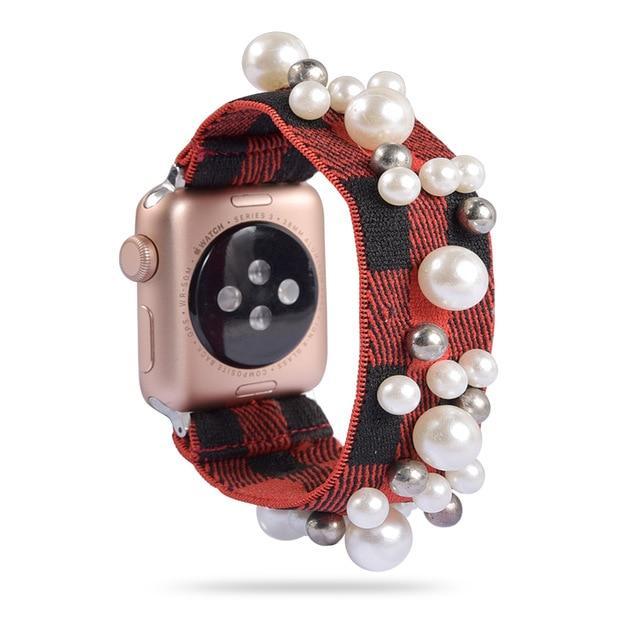 Home 7-Red plaid/Pearl / 38mm or 40mm Ethnic boho Plaid style stripe Pearly beaded colorful women straps, Apple watch scrunchie elastic band, Series 5 4  scrunchy 38/40mm 42/44mm