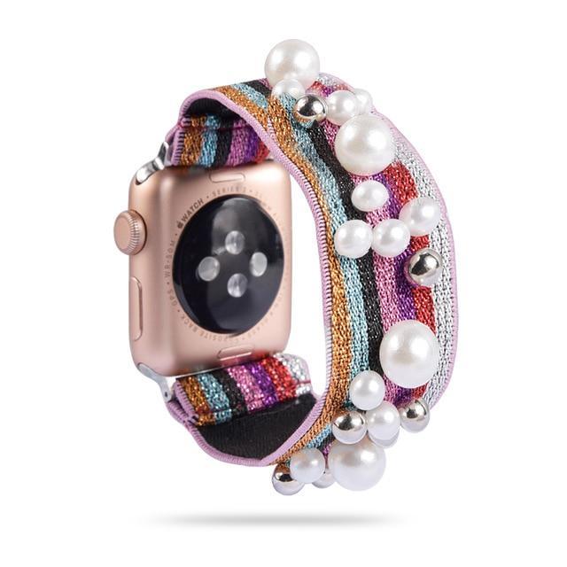 Home 8-Stripes/Pearl 3 / 38mm or 40mm Ethnic boho Plaid style stripe Pearly beaded colorful women straps, Apple watch scrunchie elastic band, Series 5 4  scrunchy 38/40mm 42/44mm