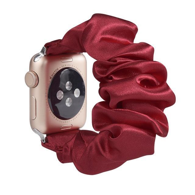 Home A4-Maroon silk / 38mm or 40mm Ethnic boho Plaid style stripe Pearly beaded colorful women straps, Apple watch scrunchie elastic band, Series 5 4  scrunchy 38/40mm 42/44mm