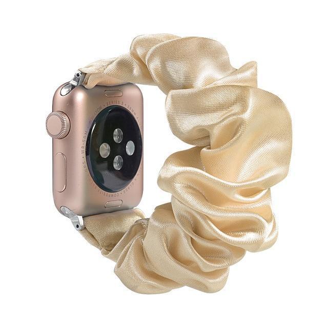 Home A9-Beige silk / 38mm or 40mm Bling shiny glittering pink striped youth straps, Apple watch scrunchies elastic band, Series 5 4 iwatch scrunchy 38/40mm 42/44mm girls teen