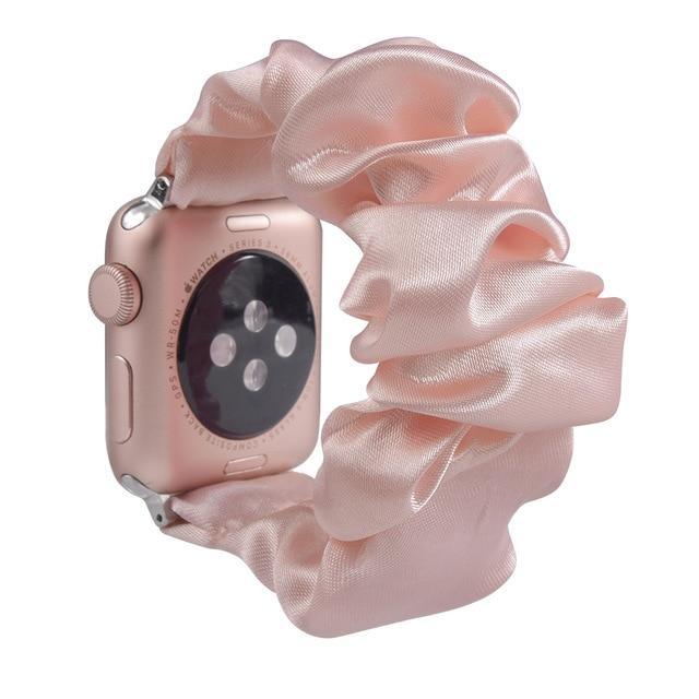 Home A11-Taffy pink silk / 38mm or 40mm Ethnic boho Plaid style stripe Pearly beaded colorful women straps, Apple watch scrunchie elastic band, Series 5 4  scrunchy 38/40mm 42/44mm