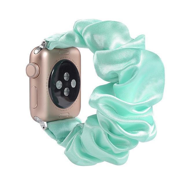 Home A13-Aqua silk / 38mm or 40mm Ethnic boho Plaid style stripe Pearly beaded colorful women straps, Apple watch scrunchie elastic band, Series 5 4  scrunchy 38/40mm 42/44mm