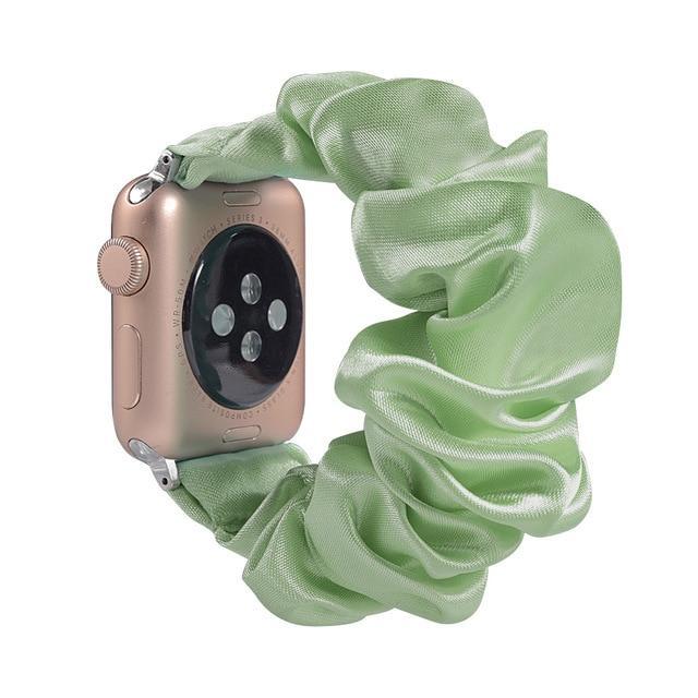 Home A15-Naturegreen silk / 38mm or 40mm Ethnic boho Plaid style stripe Pearly beaded colorful women straps, Apple watch scrunchie elastic band, Series 5 4  scrunchy 38/40mm 42/44mm