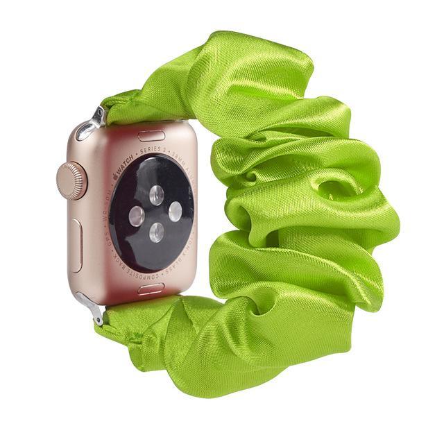 Home Neon lime green satin silk style fabric women Apple watch scrunchie elastic band, Series 5 4 3 2  iwatch scrunchy 38/40mm 42/44mm watchband