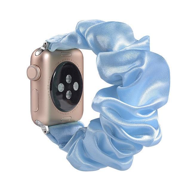 Home A17-Baby blue silk / 38mm or 40mm Ethnic boho Plaid style stripe Pearly beaded colorful women straps, Apple watch scrunchie elastic band, Series 5 4  scrunchy 38/40mm 42/44mm