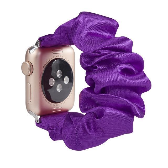 Home A18-Violet silk / 38mm or 40mm Ethnic boho Plaid style stripe Pearly beaded colorful women straps, Apple watch scrunchie elastic band, Series 5 4  scrunchy 38/40mm 42/44mm