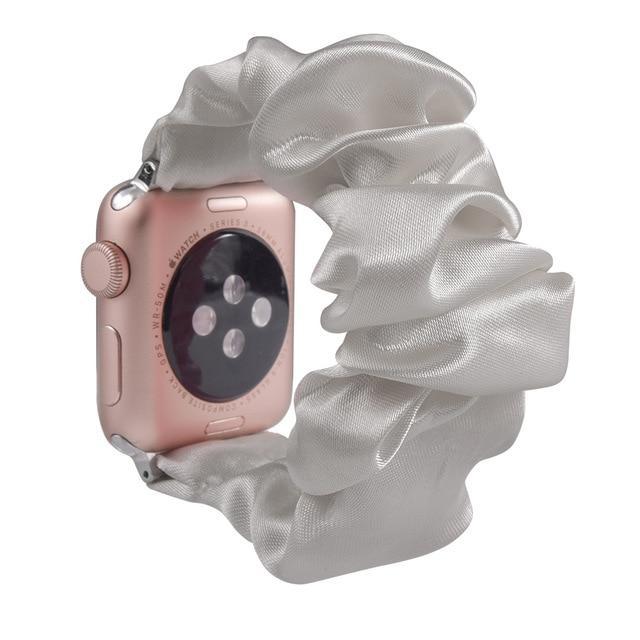 Home A29-Silver silk / 38mm or 40mm Ethnic boho Plaid style stripe Pearly beaded colorful women straps, Apple watch scrunchie elastic band, Series 5 4  scrunchy 38/40mm 42/44mm