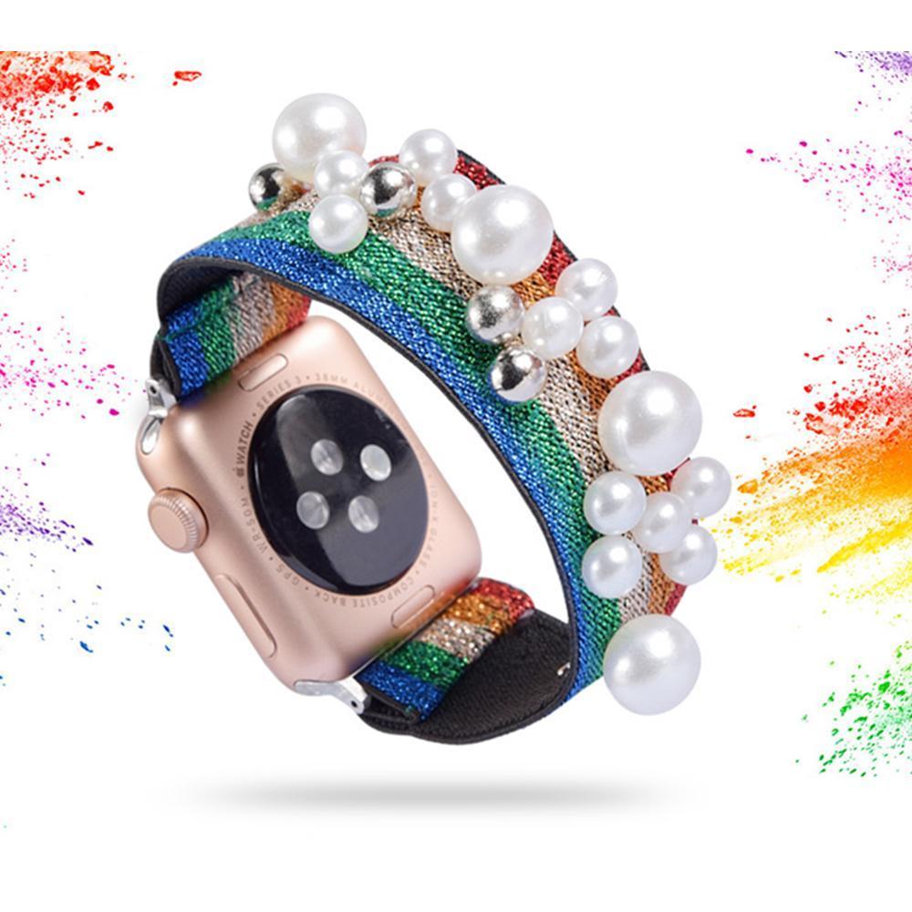 Home Ethnic boho Plaid style stripe Pearly beaded colorful women straps, Apple watch scrunchie elastic band, Series 5 4  scrunchy 38/40mm 42/44mm