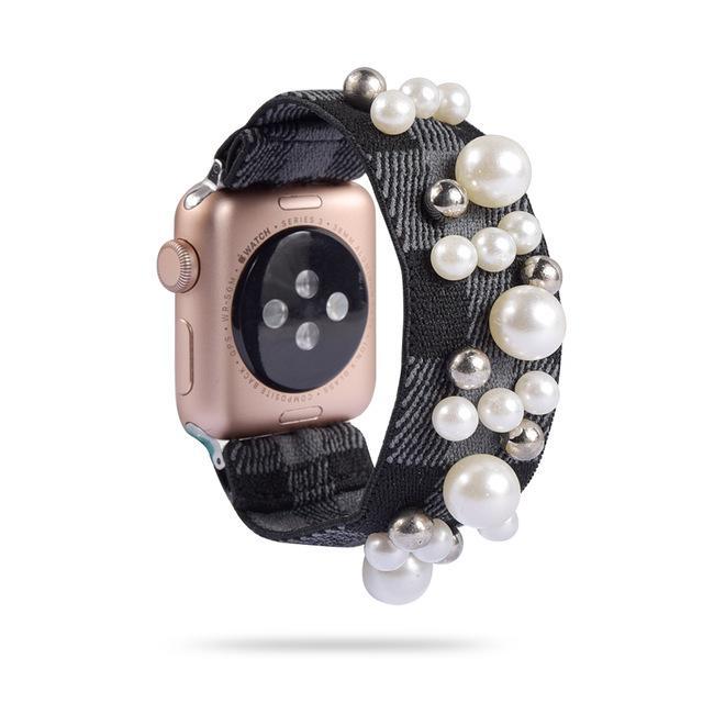 Home 3-Grey plaid/Pearl / 38mm or 40mm Ethnic boho Plaid style stripe Pearly beaded colorful women straps, Apple watch scrunchie elastic band, Series 5 4  scrunchy 38/40mm 42/44mm