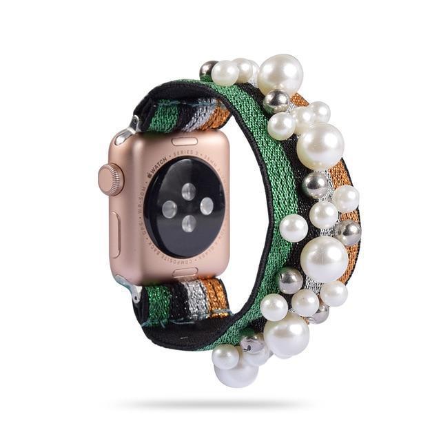 Home 4-Stripes/Pearl 1 / 38mm or 40mm Ethnic boho Plaid style stripe Pearly beaded colorful women straps, Apple watch scrunchie elastic band, Series 5 4  scrunchy 38/40mm 42/44mm