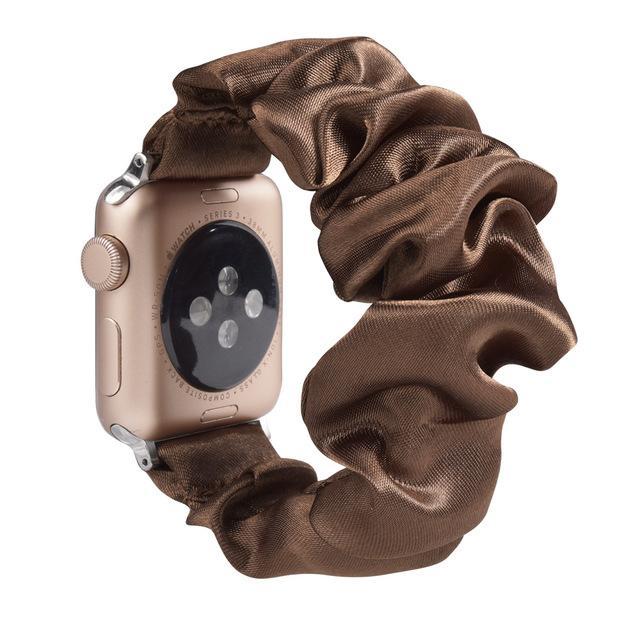 Home A26-Brown silk / 38mm or 40mm Ethnic boho Plaid style stripe Pearly beaded colorful women straps, Apple watch scrunchie elastic band, Series 5 4  scrunchy 38/40mm 42/44mm