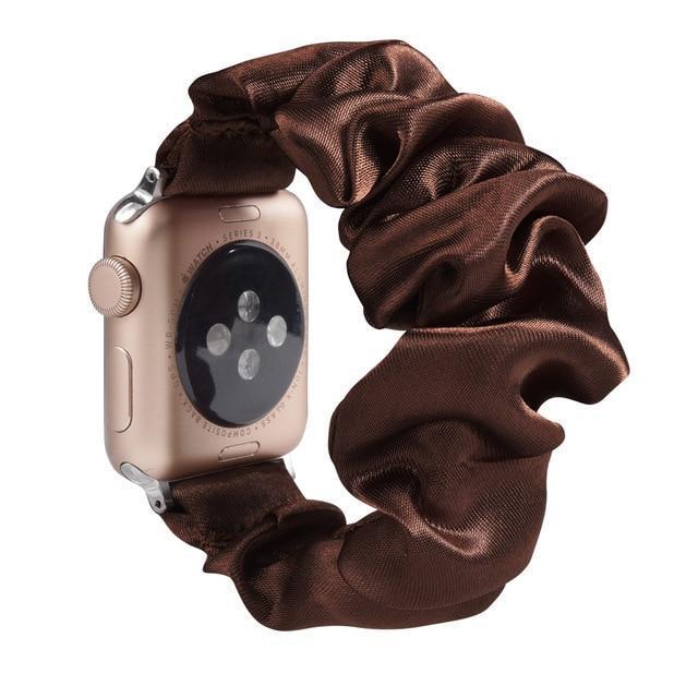 Home A27-Chocolate silk / 38mm or 40mm Ethnic boho Plaid style stripe Pearly beaded colorful women straps, Apple watch scrunchie elastic band, Series 5 4  scrunchy 38/40mm 42/44mm