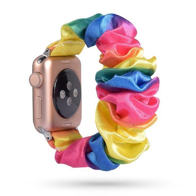 Home 21-Rainbow / 38mm or 40mm Black elastic Apple watch scrunchies band, Series 5 4 3 iwatch sporty ebony scrunchy 38/40mm 42/44mm, Men women scrunchie watchband