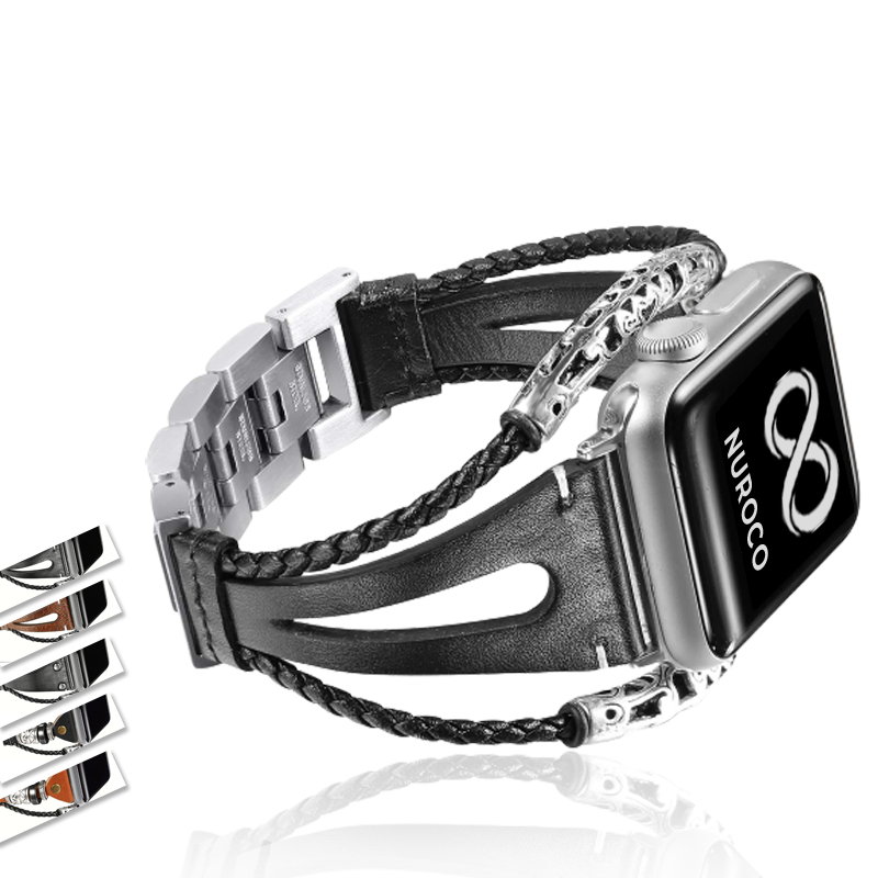 Watchbands Black / 38mm Handmade Premium genuine Leather Apple Watch fancy women silver Band