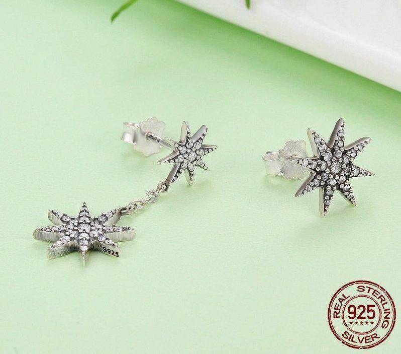 925 Sterling Silver Sparkling Star Asymmetrical Drop Earrings