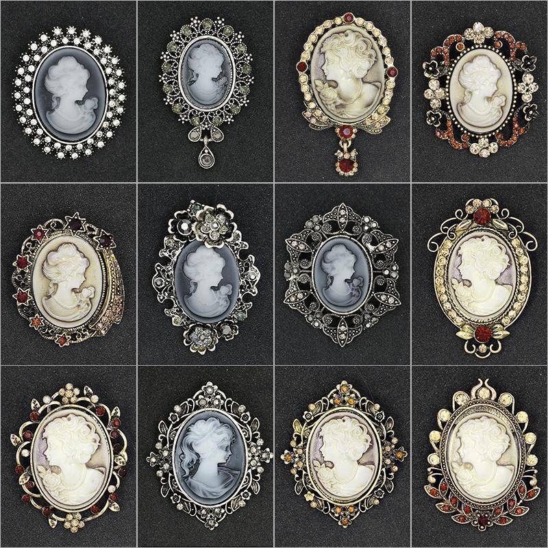 19 Designs, Crystal Rhinestones Cameo Vintage Brooch Pins, Antique Gold / Silver Colors