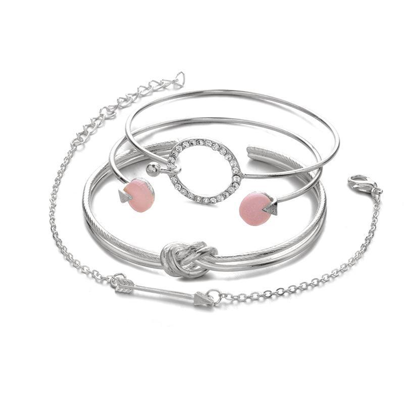 4 Pcs/ Set Classic Arrow Knot Round Crystal Gem Multilayer Adjustable Open Bracelet Set Women Fashion Party Jewelry Gift