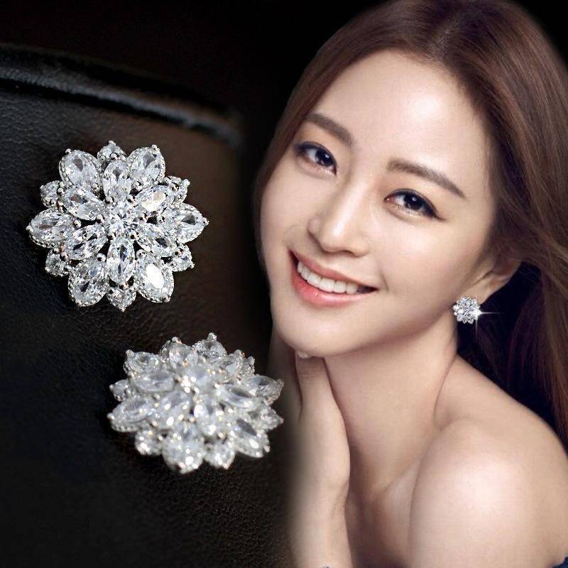 925 Sterling Silver Aaa Cubic zirconia Flowers Stud Earrings For Women Luxury Bride lady fashion jewelry