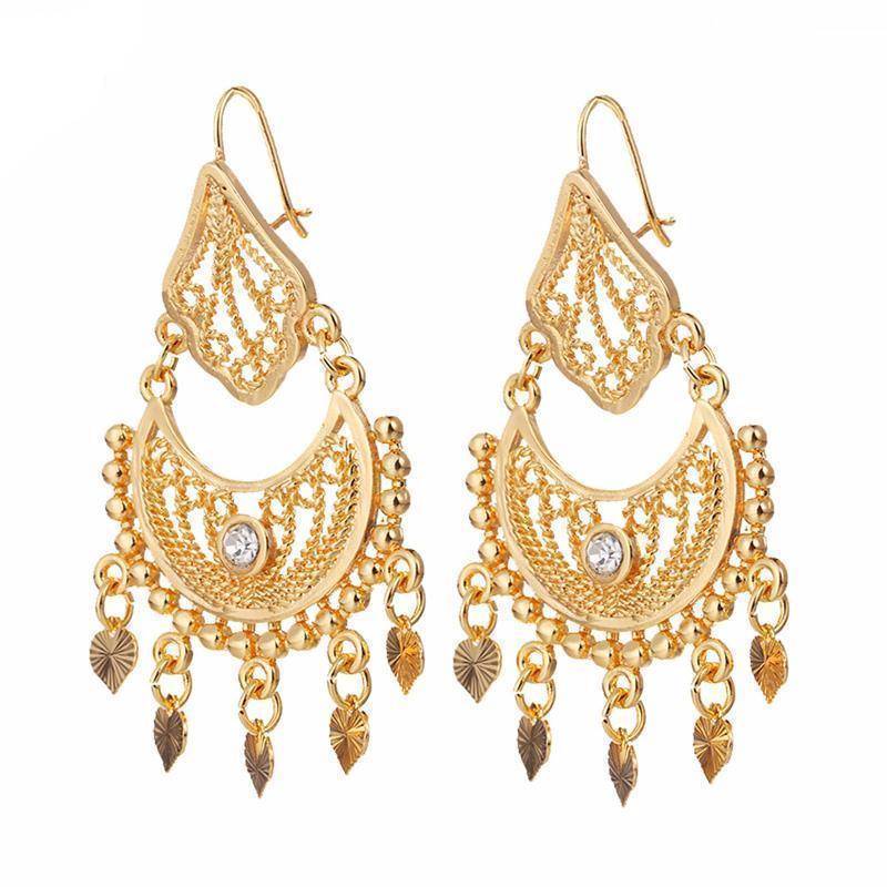 jewelry Gold Ethnic Indian Rhinestone Tassels Drop Earrings