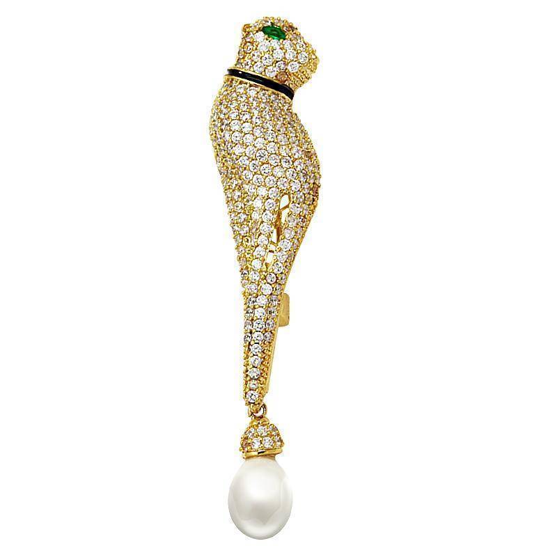 jewelry Gold High Quality Cubic Zirconia Green Eye Leopard Brooches with Pearl
