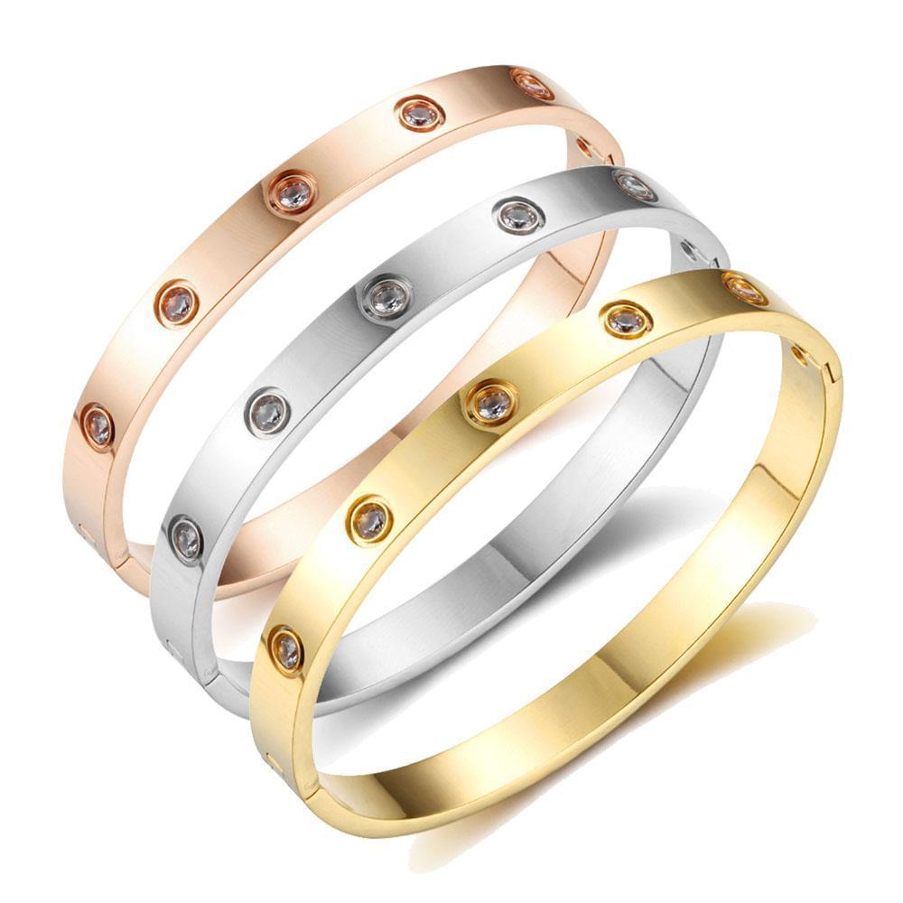 DG Women's 6.5" Stainless Steel LOCK Charm Bangle Bracelet Gold  plated Box