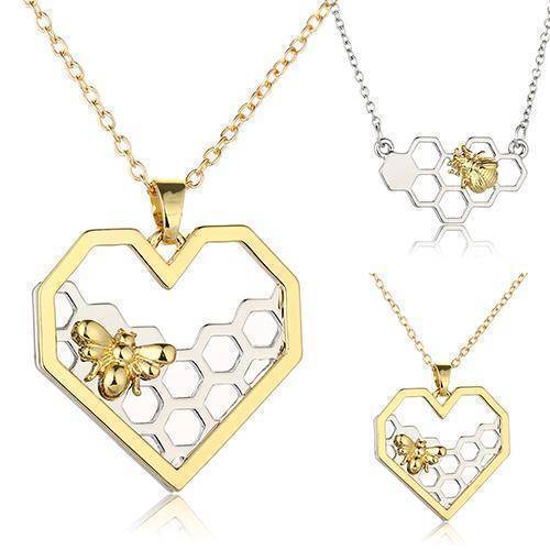 jewelry Rectangle Necklace Heart Gold/ Silver Color Honeycomb Bee Animal Pendant 45cm