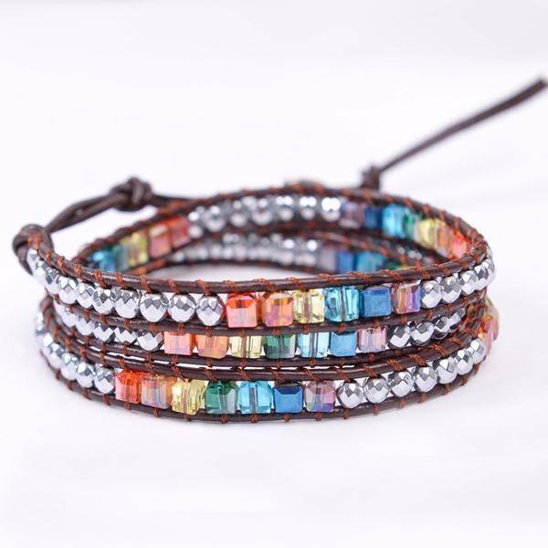 READY TO SHIP mixed rainbow crystal wrap bracelet on gold leather - Om bracelet - yoga jewelry - sold beaded jewelry inspired by India