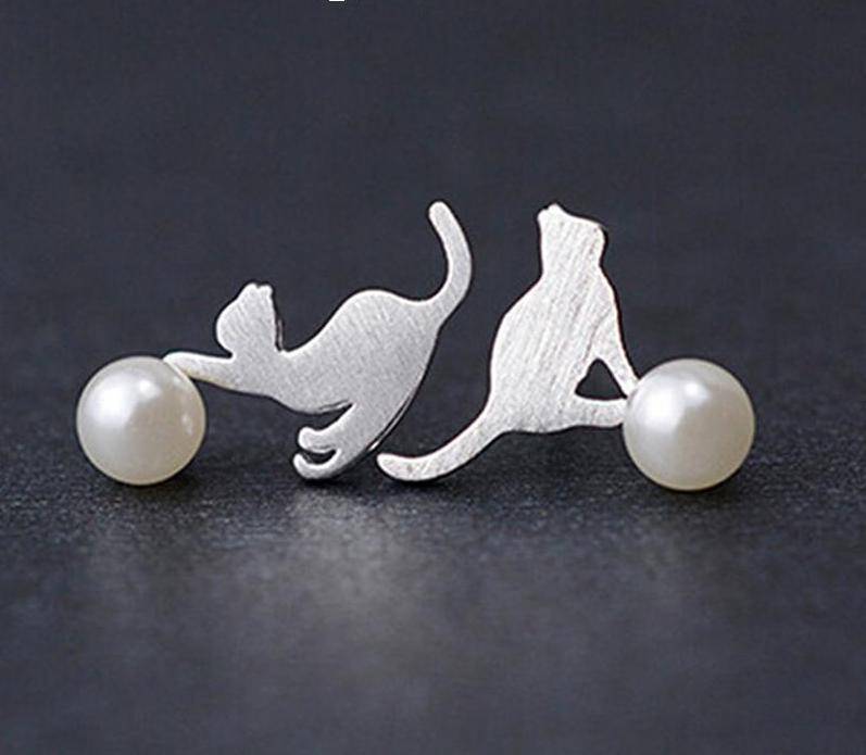 925 Sterling Silver Pearls Cat Earrings, Necklaces Pendant Jewelry Sets