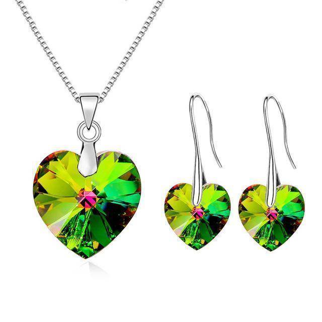 jewelry set Green SWAROVSKI Heart Pendant Necklaces Drop Earrings Jewelry Sets