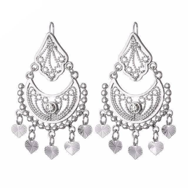 jewelry Silver Ethnic Indian Rhinestone Tassels Drop Earrings