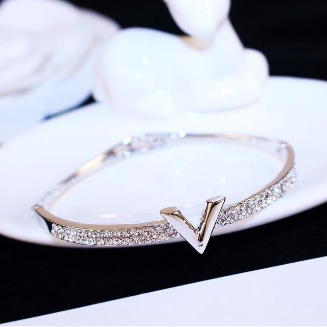 Women's Silver Diamond Initial V Bracelet