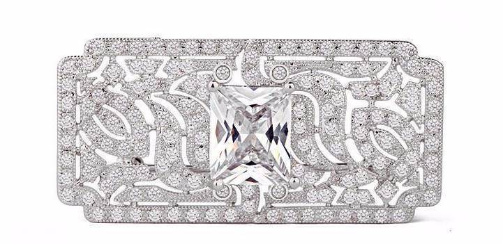 jewelry white Luxury Cubic Zirconia Rectangle Brooch White Gold Overlay