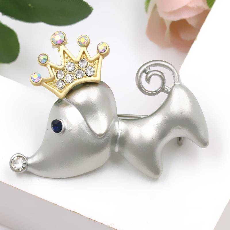 jewerly Silver Cute Crown Dog Brooch With Rhinestone