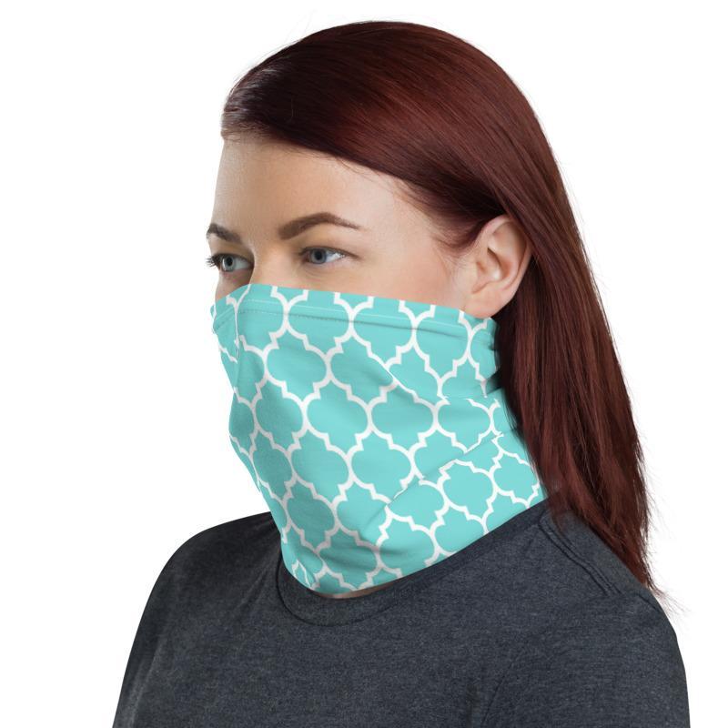 Morrocan ornamental Light green aqua blue print design, reusable, washable neck gaiter face cover headband wrap tube scarf mask head wear