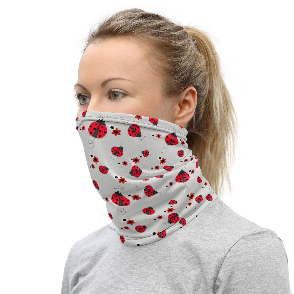 Red ladybug with flowers gray background pattern design Neck Gaiter scarf, face mask covers, Hairband, Hood, headband, Balaclava Beanie for women