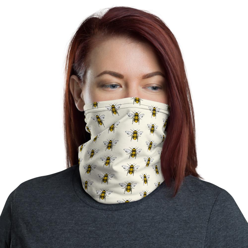 Black and yellow bees with white background design face mask covers, Neck Gaiter scarf, Hairband, headband,  Hood, Balaclava Beanie, for girls and women